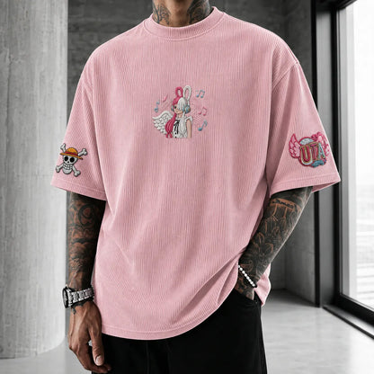 Premium Cotton-Blend Corduroy Oversized Graphic T-Shirt – Anime-Inspired 3D Embroidered Angel & Music Design, Short Sleeve Streetwear Top