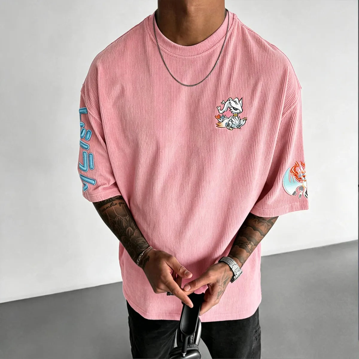 Anime-Inspired Vintage Waffle Knit T-Shirt