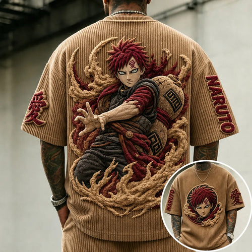 Unisex Anime-Style Retro Corduroy Oversized T-Shirt