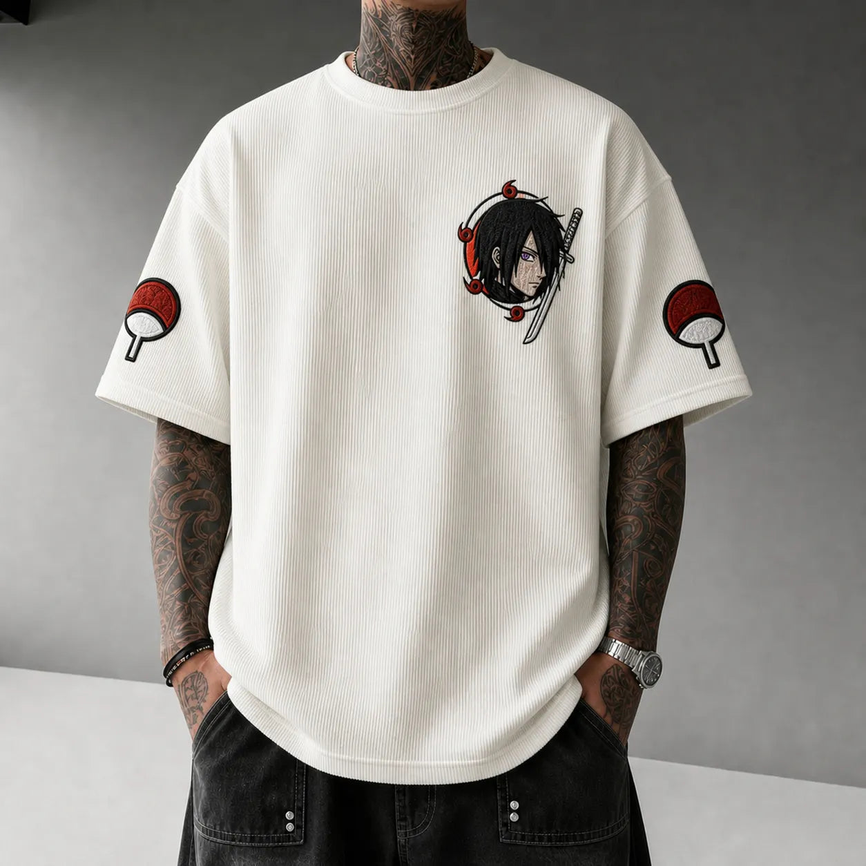 Unisex Oversized Anime-Print Vertical-Stripe Short-Sleeve T-Shirt
