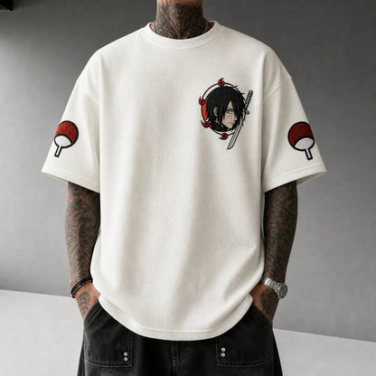 Unisex Oversized Anime-Print Vertical-Stripe Short-Sleeve T-Shirt
