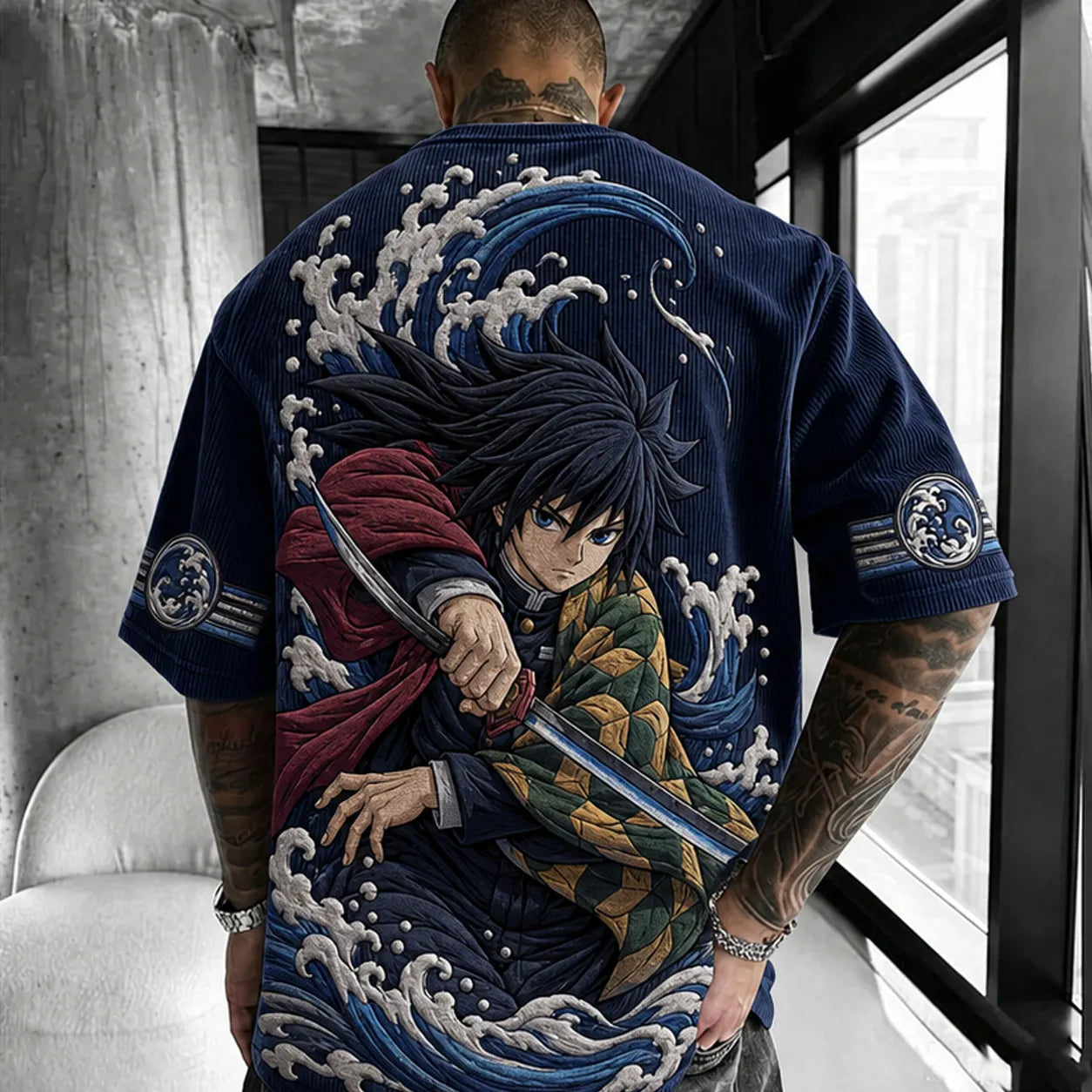 Unisex Anime-Style Retro Corduroy Oversized T-Shirt