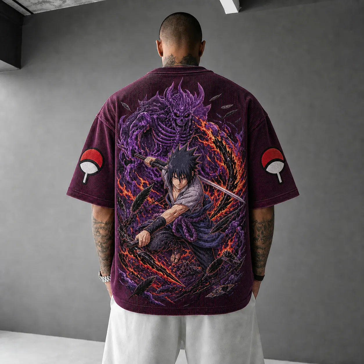 Unisex Oversized Anime-Print Vertical-Stripe Short-Sleeve T-Shirt