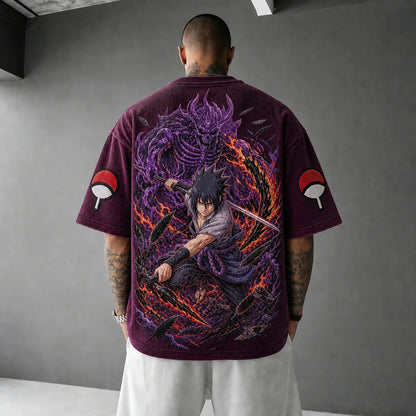 Unisex Oversized Anime-Print Vertical-Stripe Short-Sleeve T-Shirt