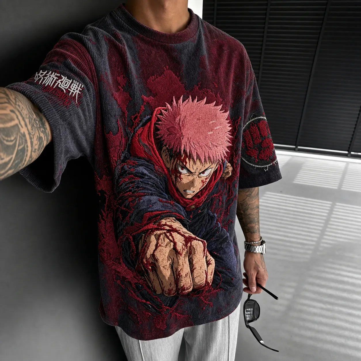 Unisex Anime Print Short-Sleeve Corduroy T-Shirt