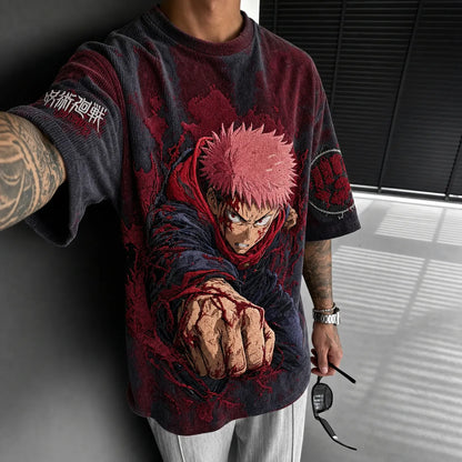 Unisex Anime Print Short-Sleeve Corduroy T-Shirt
