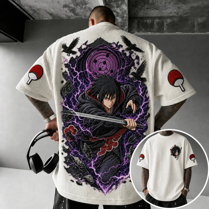 Unisex Oversized Anime-Print Vertical-Stripe Short-Sleeve T-Shirt