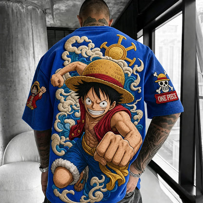Unisex Anime-Style Retro Corduroy Oversized T-Shirt