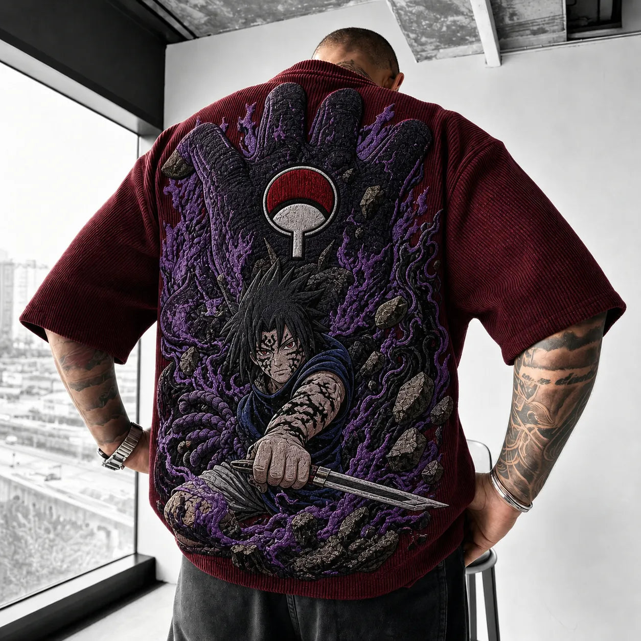 Unisex Oversized Anime-Print Vertical-Stripe Short-Sleeve T-Shirt