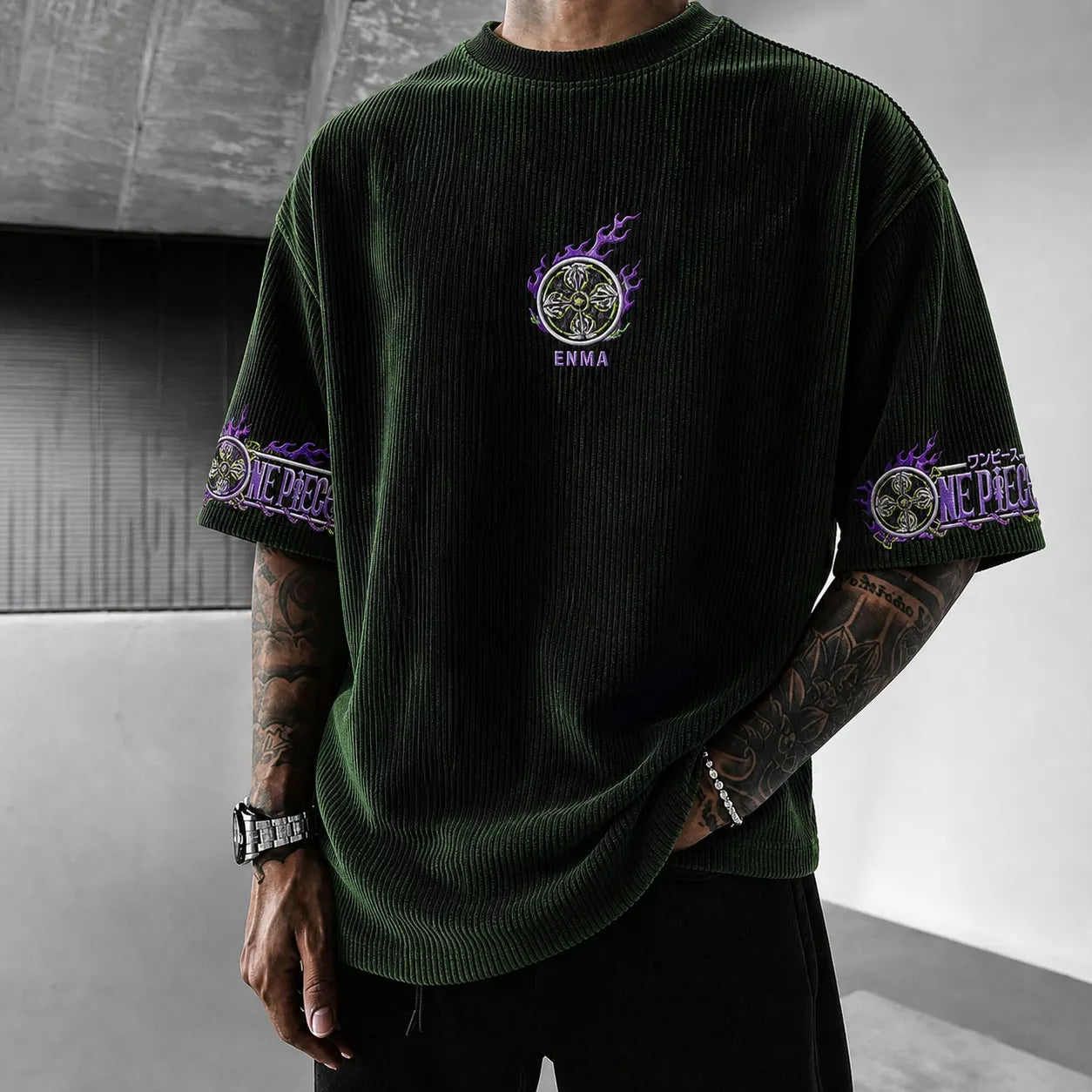 Unisex Short-Sleeve Corduroy T-Shirt With Anime Print