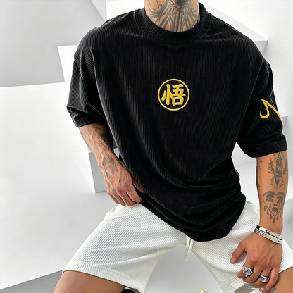 Anime-Inspired Vintage Waffle Knit T-Shirt