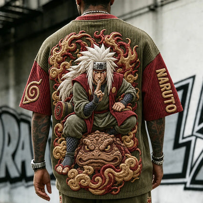Unisex Anime-Style Retro Corduroy Oversized T-Shirt