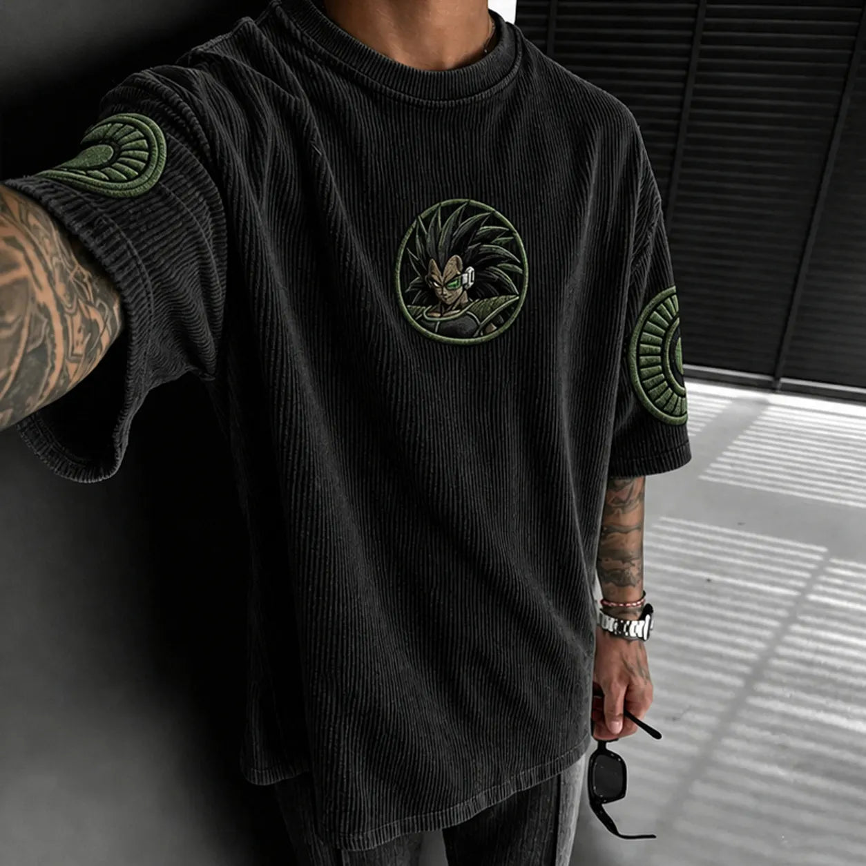 Unisex Anime-Style Retro Corduroy Oversized T-Shirt