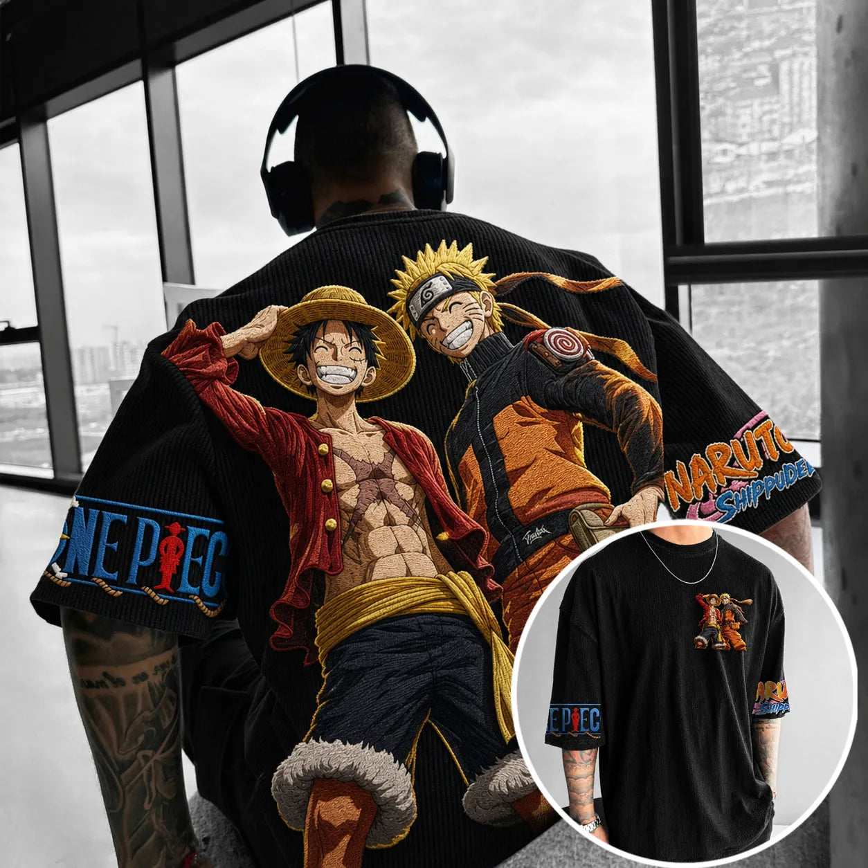 Unisex Oversized Anime-Print Vertical-Stripe Short-Sleeve T-Shirt