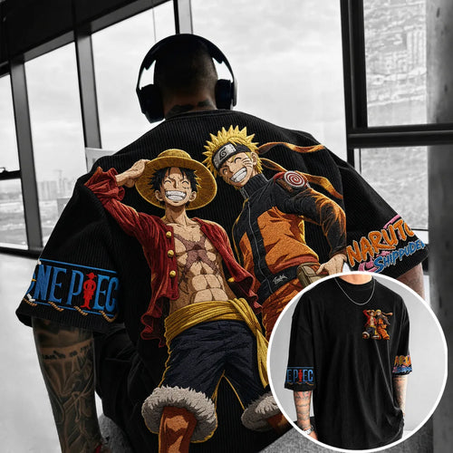Unisex Oversized Anime-Print Vertical-Stripe Short-Sleeve T-Shirt