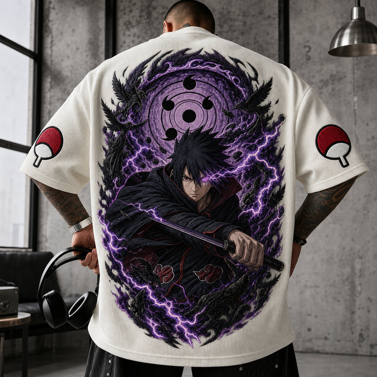 Unisex Oversized Anime-Print Vertical-Stripe Short-Sleeve T-Shirt