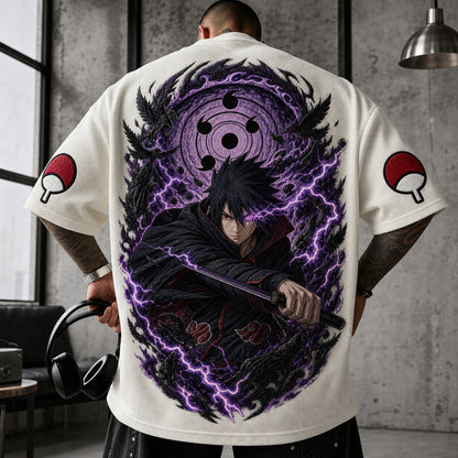 Unisex Oversized Anime-Print Vertical-Stripe Short-Sleeve T-Shirt