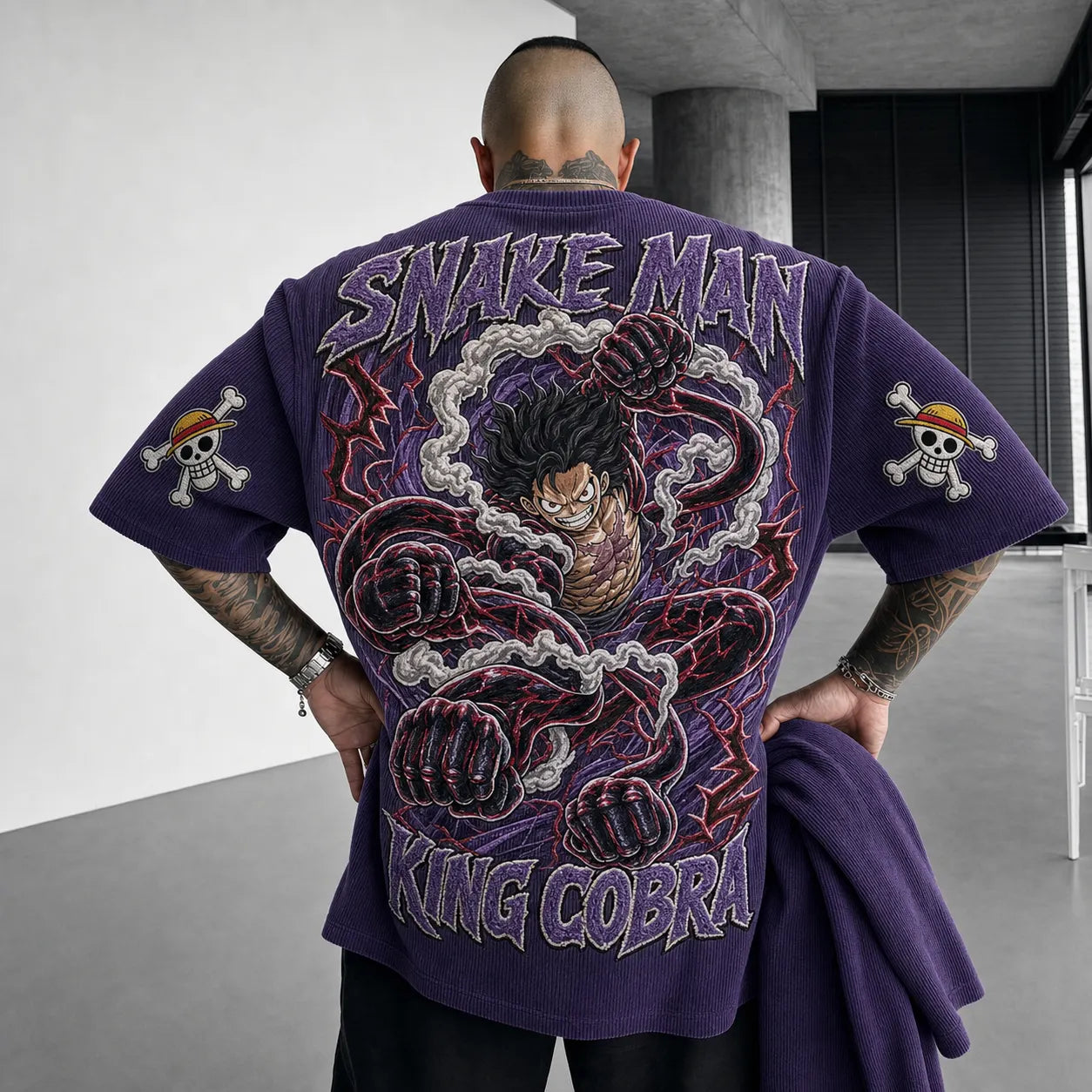 Premium Cotton-Blend Corduroy T-Shirt with Embroidered Patch – Oversized Graphic Tee for Casual Streetwear