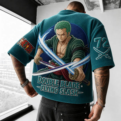 Unisex Short-Sleeve Corduroy T-Shirt With Anime Print