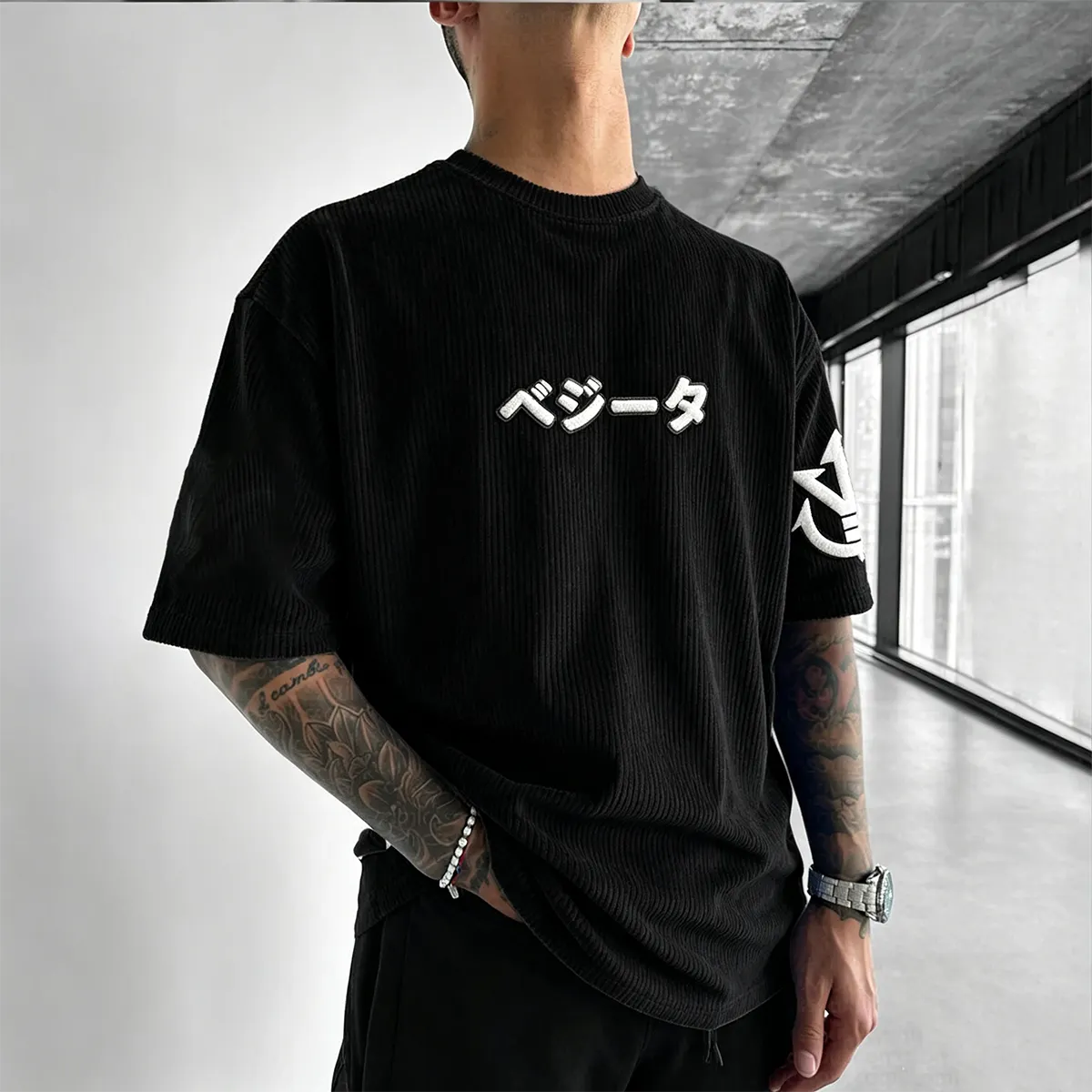 Anime-Inspired Vintage Waffle Knit T-Shirt