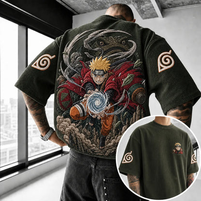Unisex Oversized Anime-Print Vertical-Stripe Short-Sleeve T-Shirt