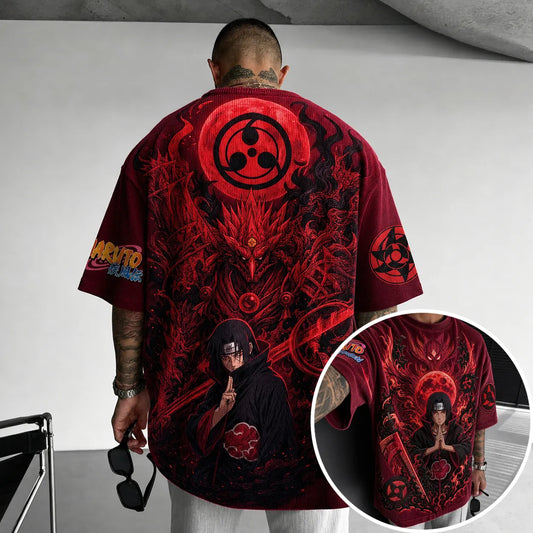 Unisex Oversized Anime-Print Kurzarm-T-Shirt mit vertikalen Streifen