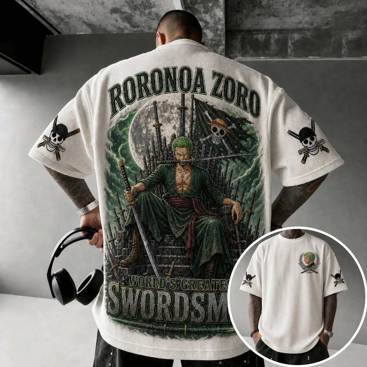 Unisex Oversized Anime-Print Vertical-Stripe Short-Sleeve T-Shirt