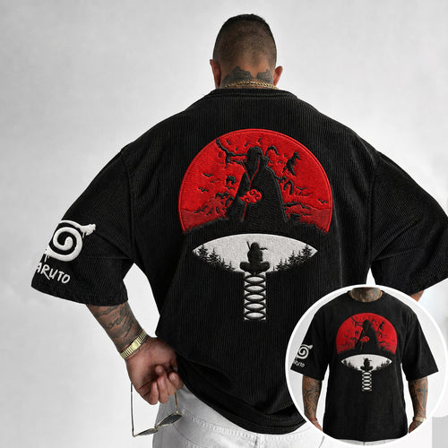 Naruto-Inspired Corduroy T-Shirt – Premium Cotton-Blend Fabric, Oversized Fit, Embroidered Uchiha Crest & Red Moon Graphic, Streetwear Tee