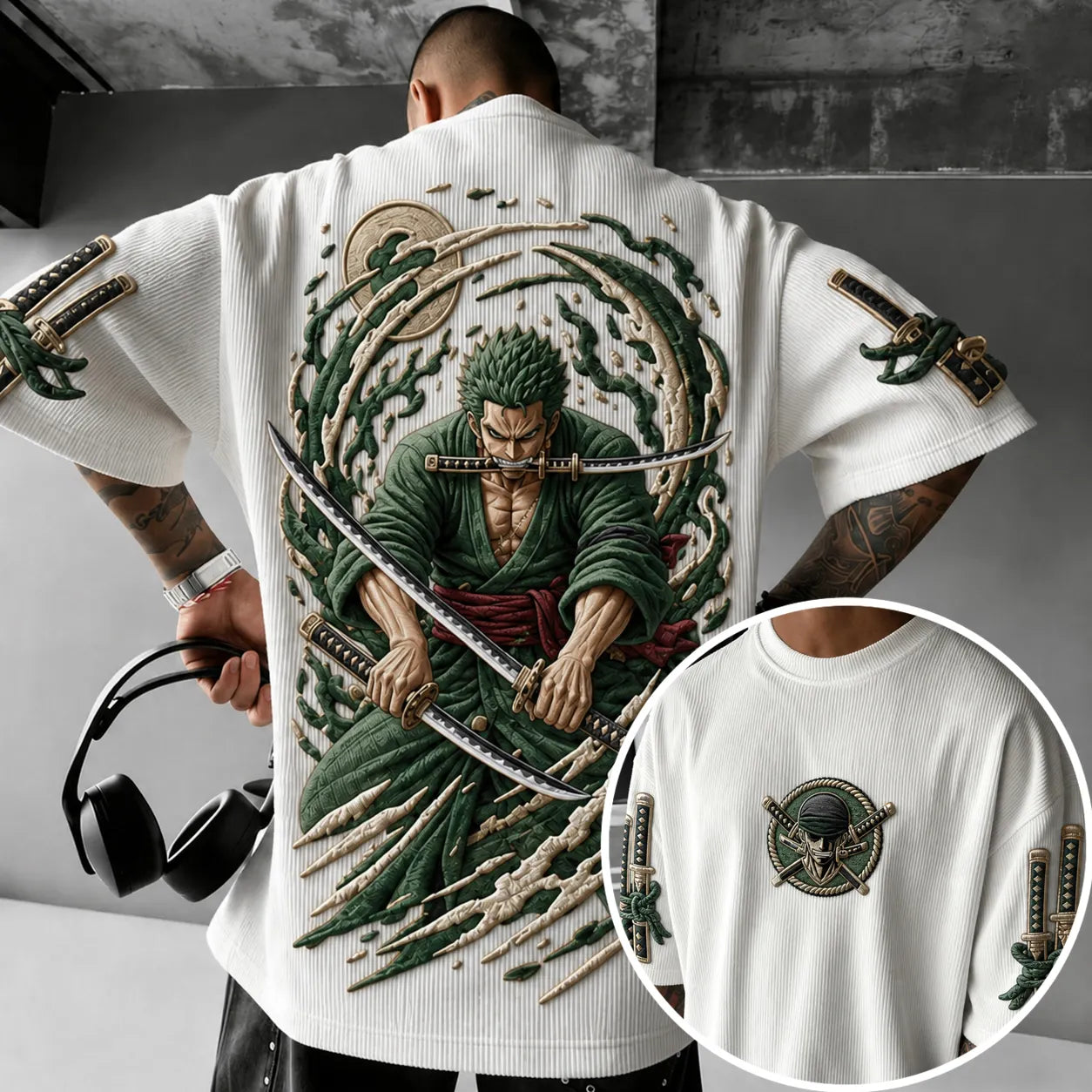 Unisex Anime-Style Retro Corduroy Oversized T-Shirt