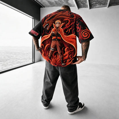 Unisex Oversized Anime-Print Vertical-Stripe Short-Sleeve T-Shirt