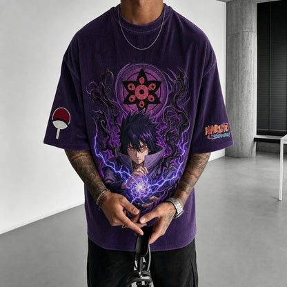 Unisex Oversized Anime-Print Vertical-Stripe Short-Sleeve T-Shirt