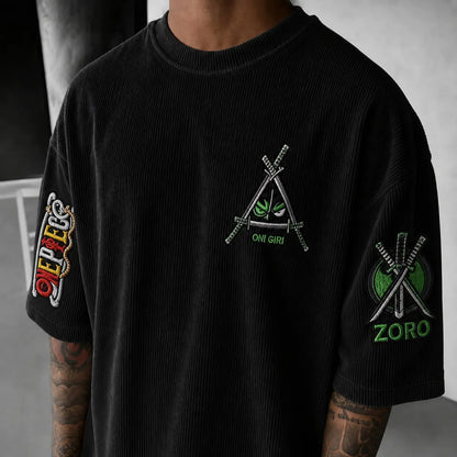Unisex Short-Sleeve Corduroy T-Shirt With Anime Print