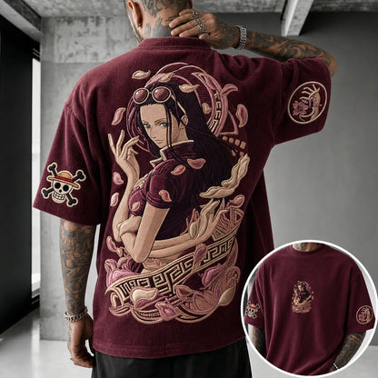 Unisex Anime-Style Retro Corduroy Oversized T-Shirt