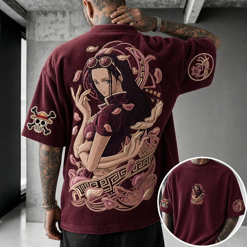 Unisex Anime-Style Retro Corduroy Oversized T-Shirt