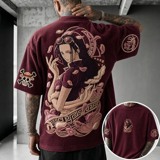 Unisex Anime-Style Retro Corduroy Oversized T-Shirt