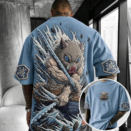 Unisex Anime-Style Retro Corduroy Oversized T-Shirt