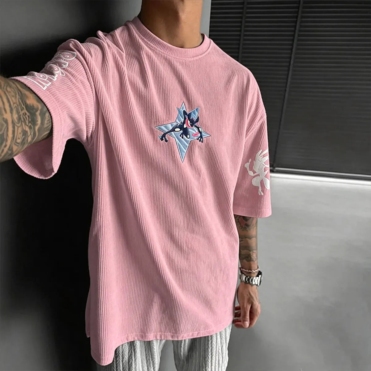 Anime-Inspired Vintage Waffle Knit T-Shirt