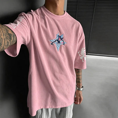 Anime-Inspired Vintage Waffle Knit T-Shirt