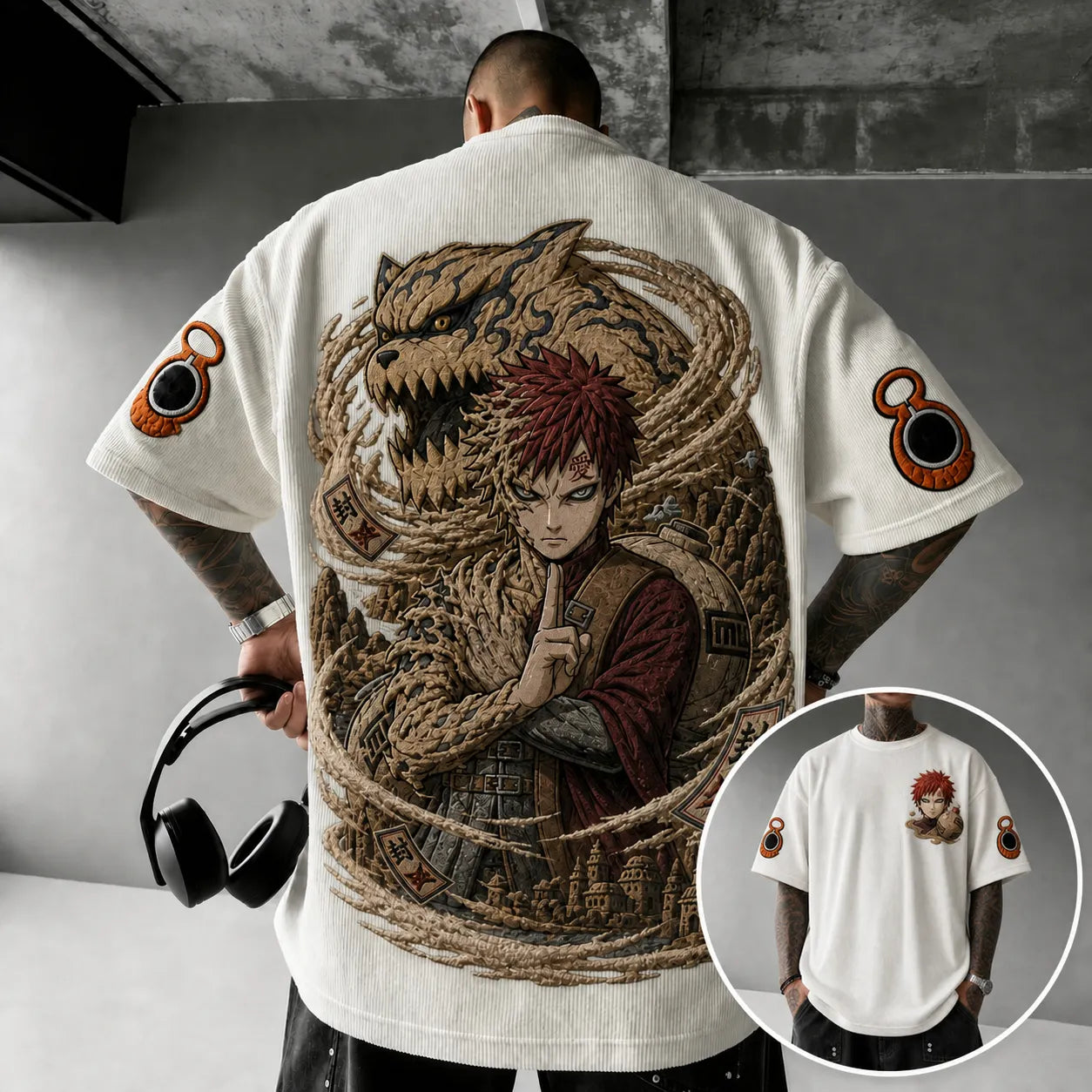 Unisex Oversized Anime-Print Vertical-Stripe Short-Sleeve T-Shirt