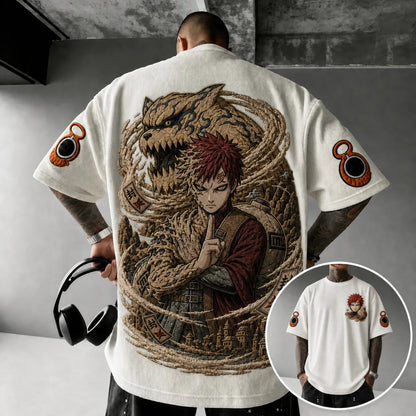 Unisex Oversized Anime-Print Vertical-Stripe Short-Sleeve T-Shirt