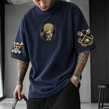 Premium Cotton-Blend Corduroy T-Shirt with Anime Character Embroidery – Oversized Short Sleeve Graphic Tee for Streetwear Style