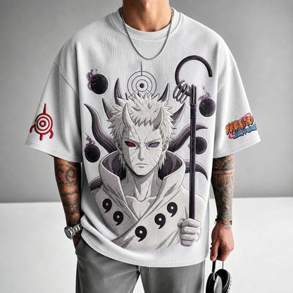 Unisex Oversized Anime-Print Vertical-Stripe Short-Sleeve T-Shirt