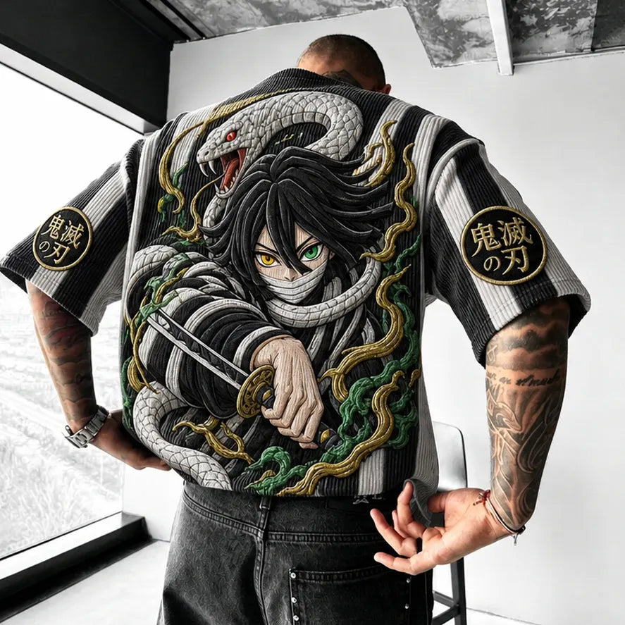 Unisex Oversized Anime-Print Vertical-Stripe Short-Sleeve T-Shirt
