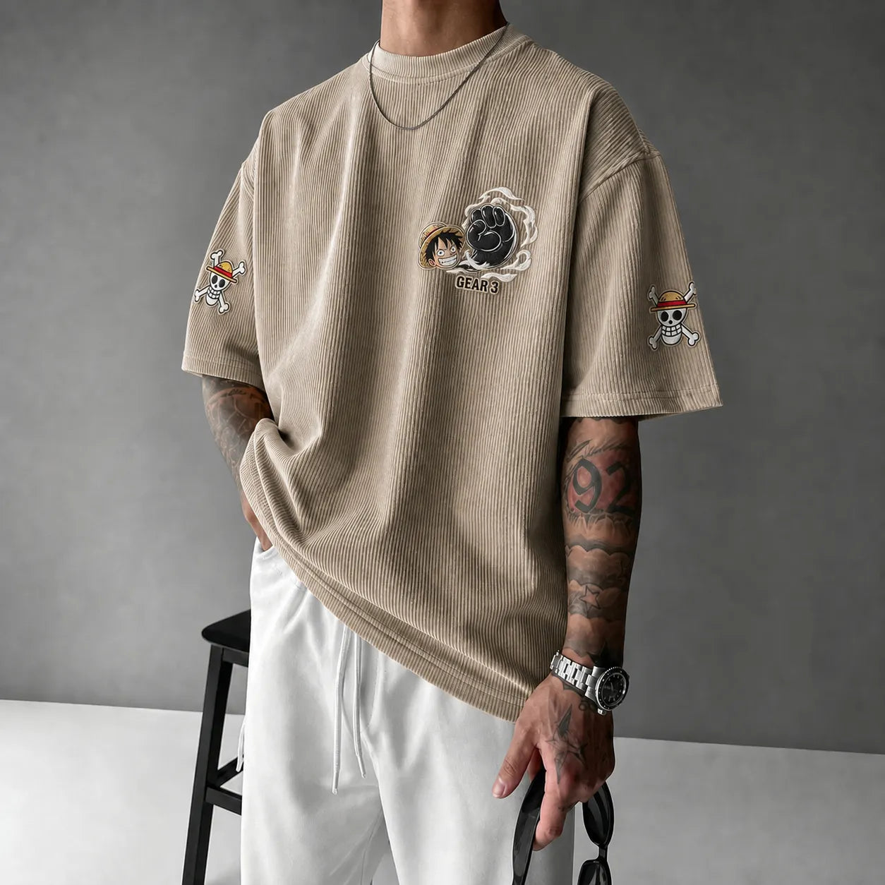 Premium Cotton-Blend Corduroy T-Shirt with Embroidered Patch – Oversized Graphic Tee for Casual Streetwear
