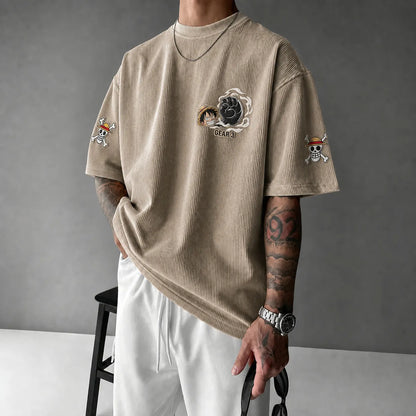 Premium Cotton-Blend Corduroy T-Shirt with Embroidered Patch – Oversized Graphic Tee for Casual Streetwear