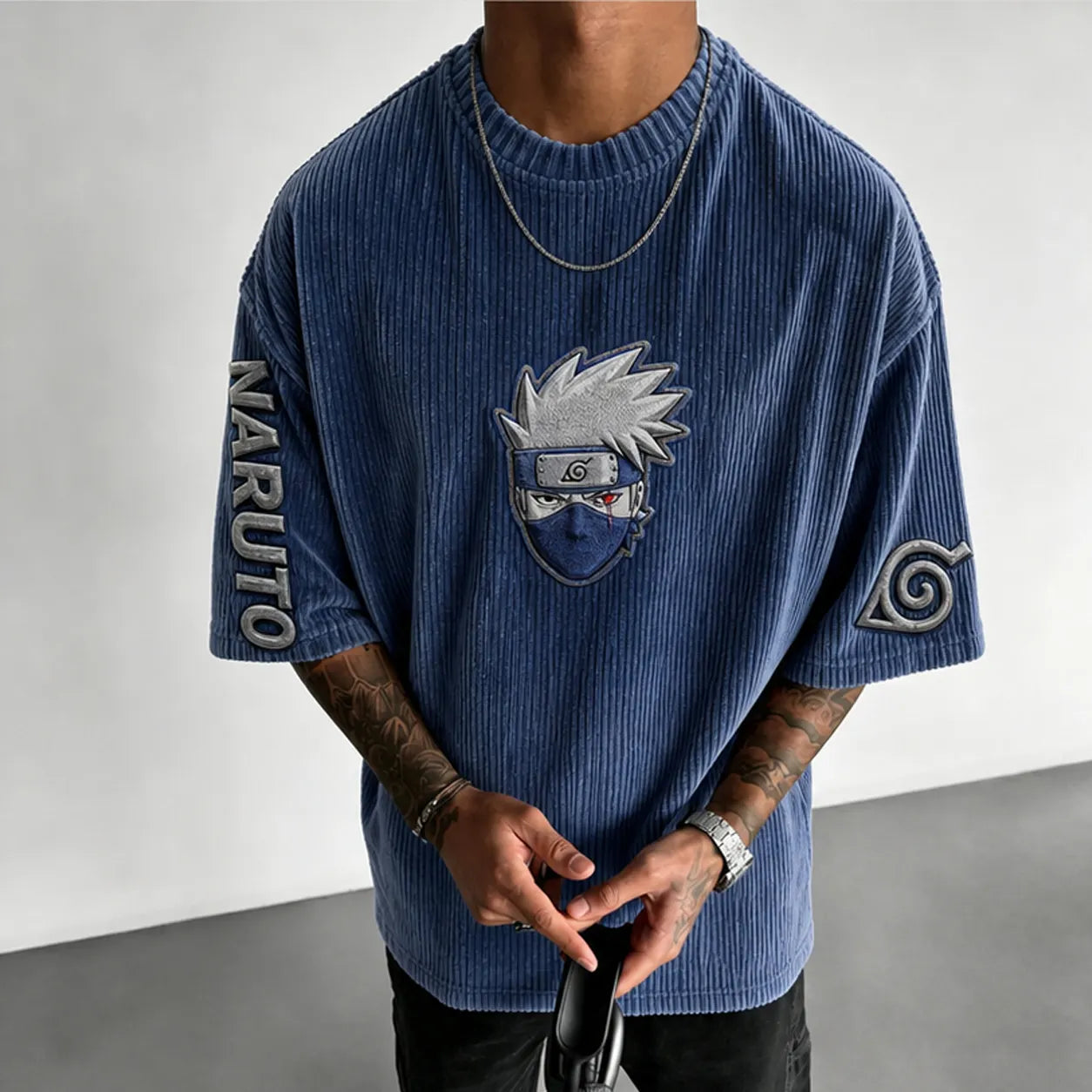 Unisex Anime-Style Retro Corduroy Oversized T-Shirt