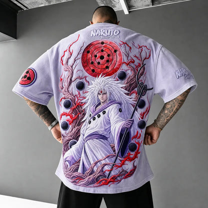Unisex Oversized Anime-Print Vertical-Stripe Short-Sleeve T-Shirt