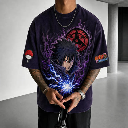Unisex Oversized Anime-Print Vertical-Stripe Short-Sleeve T-Shirt