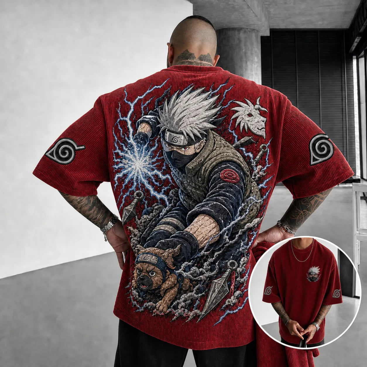 Unisex Oversized Anime-Print Vertical-Stripe Short-Sleeve T-Shirt