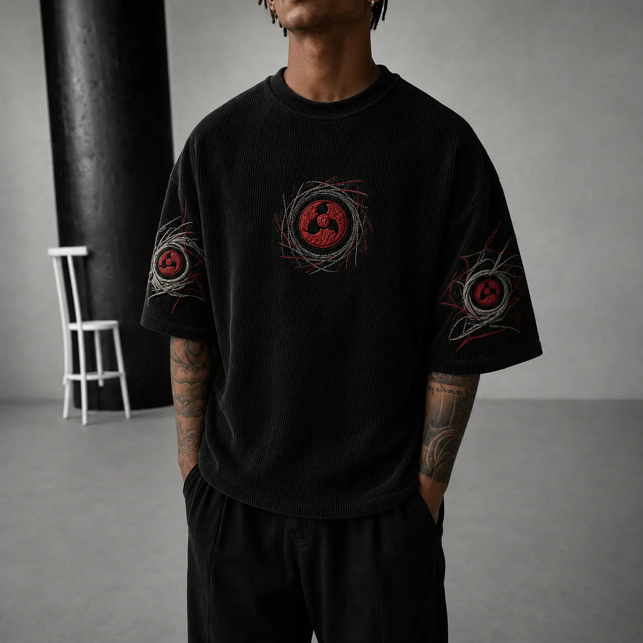 Unisex Anime-Style Retro Corduroy Oversized T-Shirt